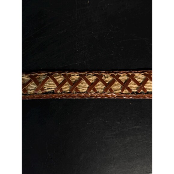 Vintage Hand Laced Leather Belt Woven Jute Inlay Brown Size 36 Boho main image 5
